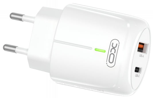 Ładowarka sieciowa XO Design L114, 20W, 3A, 1 x USB-A - 1 x USB-C, Biała