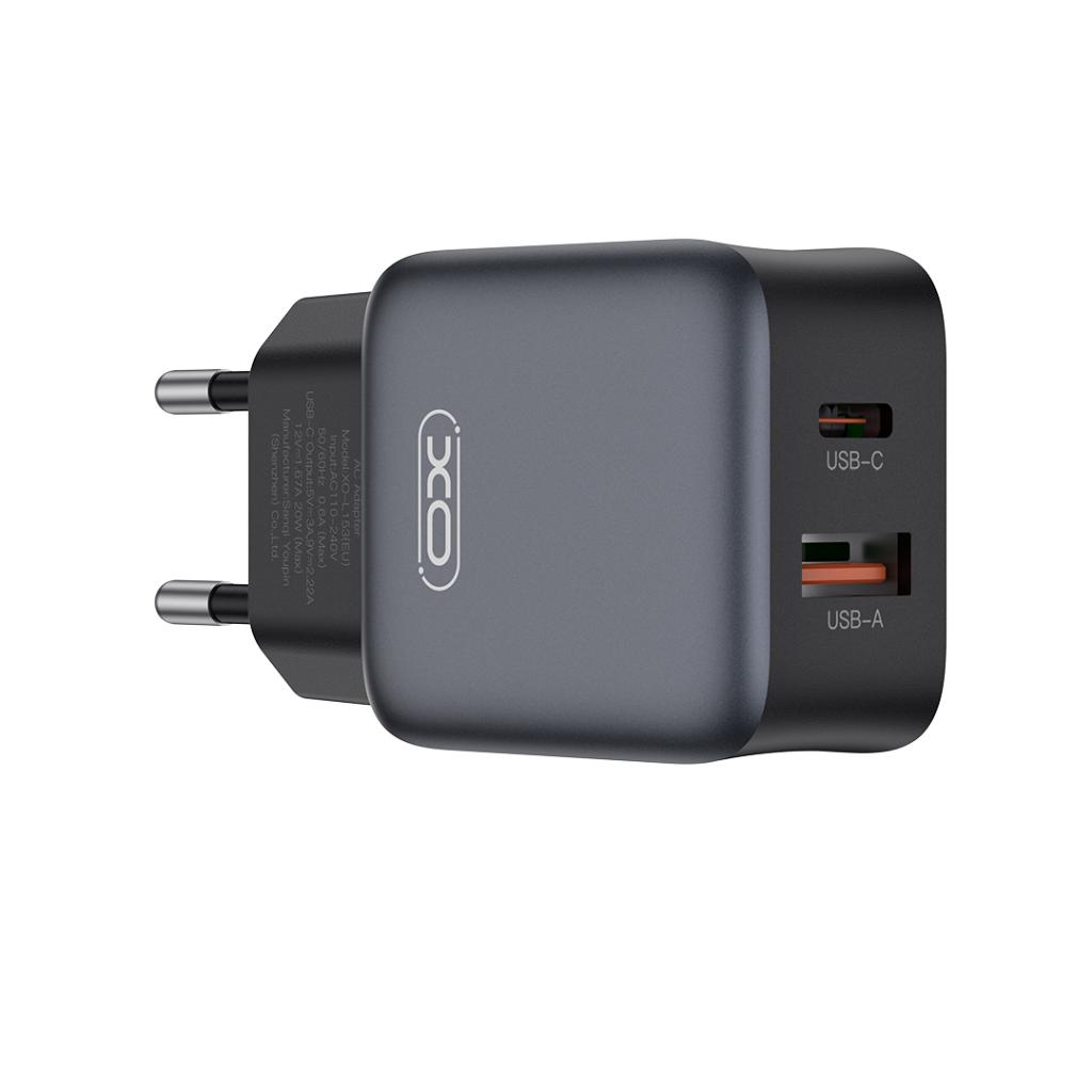 Ładowarka sieciowa XO Design L156, 30W, 3A, 1 x USB-A - 1 x USB-C, Czarny