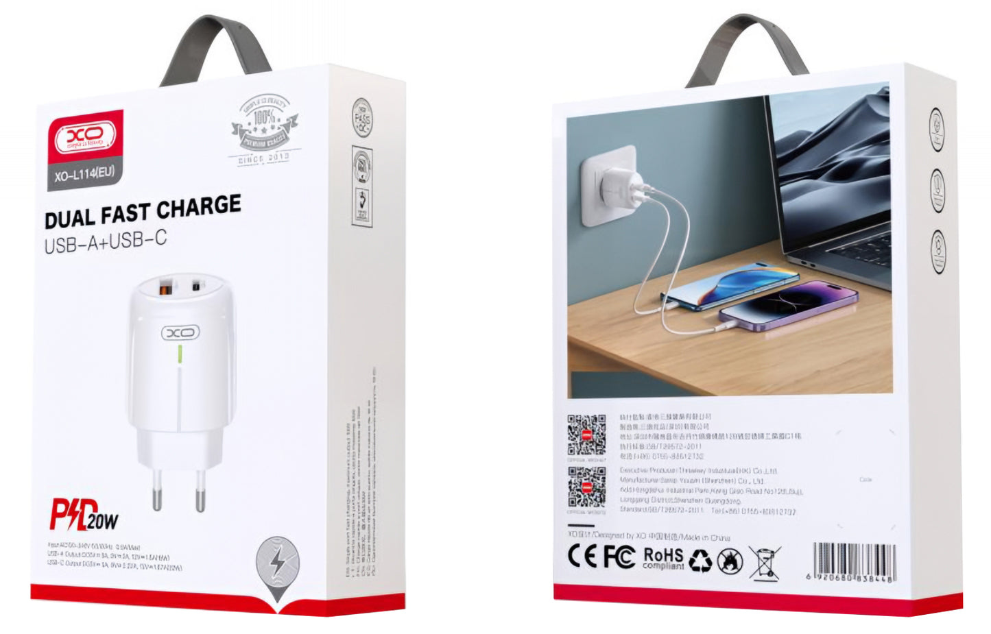 Ładowarka sieciowa XO Design L114, 20W, 3A, 1 x USB-A - 1 x USB-C, Biała