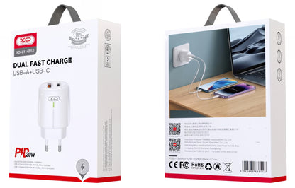 Ładowarka sieciowa XO Design L114, 20W, 3A, 1 x USB-A - 1 x USB-C, Biała