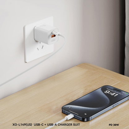 Ładowarka sieciowa XO Design L149, 30W, 3A, 1 x USB-A - 1 x USB-C, Biała