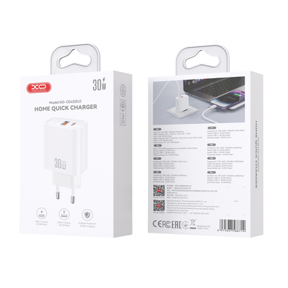 Ładowarka sieciowa XO Design CE42, 30W, 3A, 1 x USB-A - 1 x USB-C, Biała