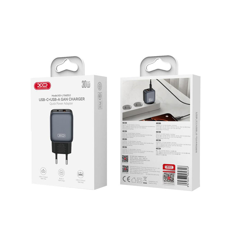 Ładowarka sieciowa XO Design L156, 30W, 3A, 1 x USB-A - 1 x USB-C, Czarny