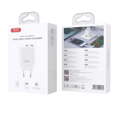 XO Design CE55 Mains Charger, 12W, 2.4A, 2 x USB-A, White