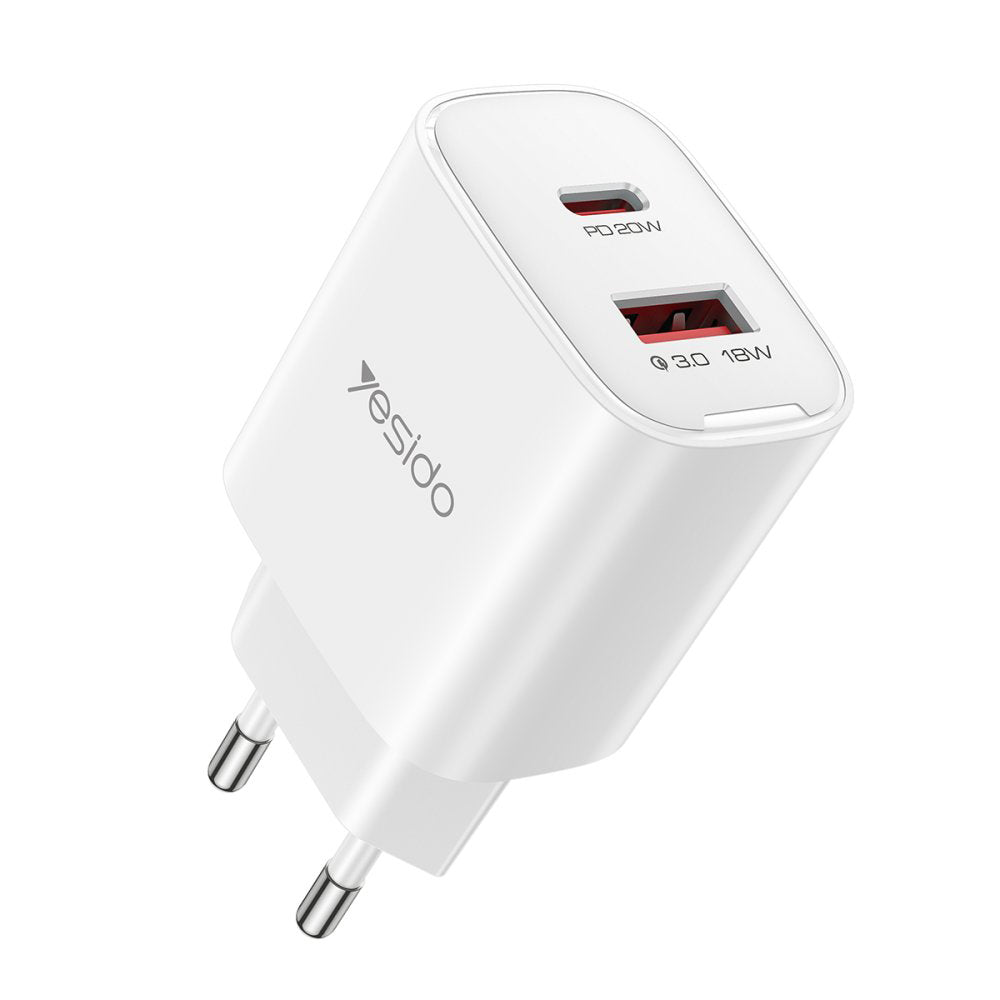 Yesido YC02E Network Charger, 20W, 3A, 1 x USB-A - 1 x USB-C, White