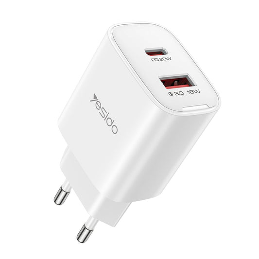 Ładowarka sieciowa Yesido YC02E, 20W, 3A, 1 x USB-A - 1 x USB-C, Biała