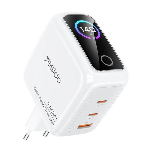 Ładowarka sieciowa Yesido YC114 Display, 140W, 5A, 1 x USB-A - 2 x USB-C, Biała