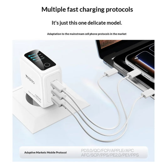 Ładowarka sieciowa Yesido YC114 Display, 140W, 5A, 1 x USB-A - 2 x USB-C, Biała