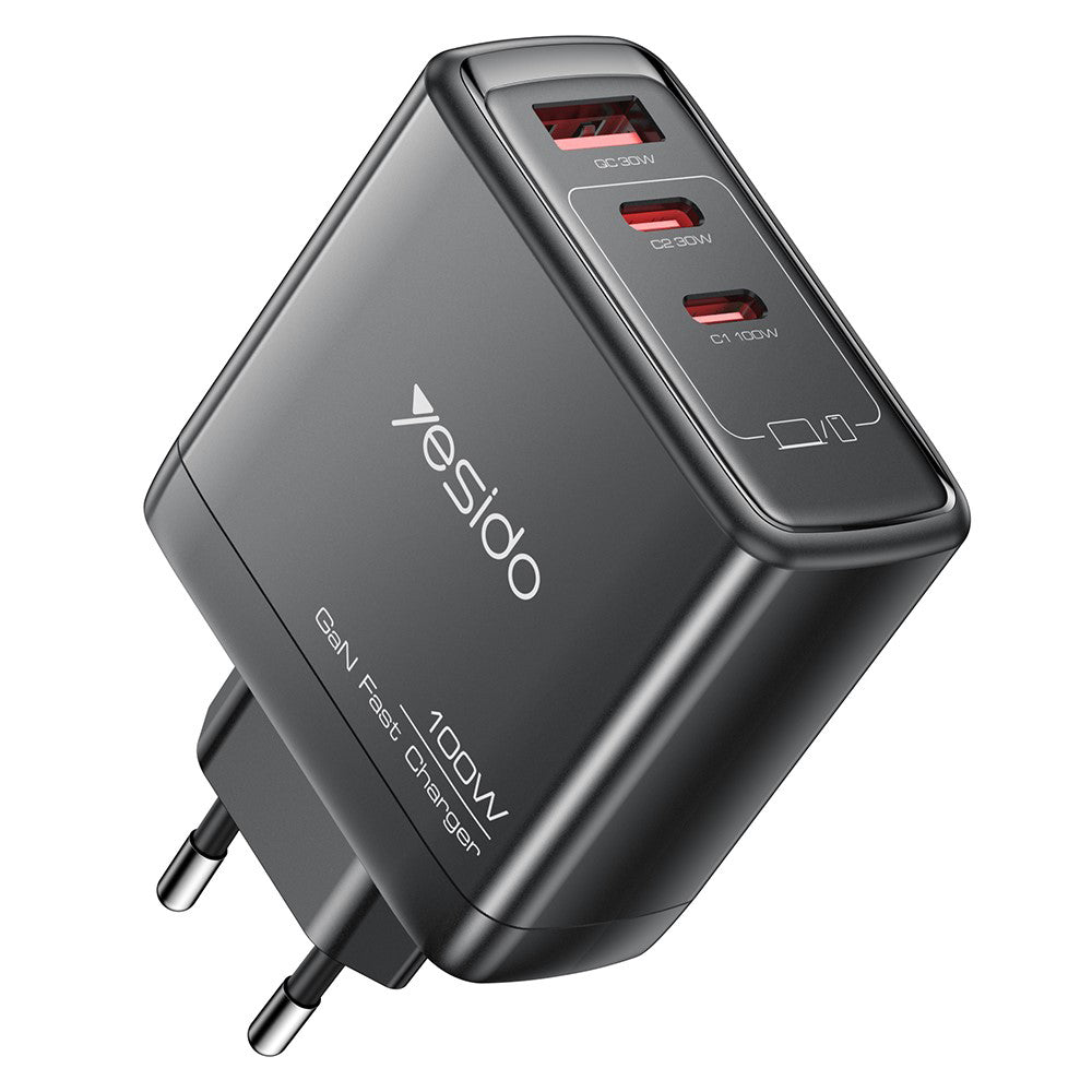 Ładowarka sieciowa Yesido YC142, 100W, 5A, 1 x USB-A - 2 x USB-C, Czarny