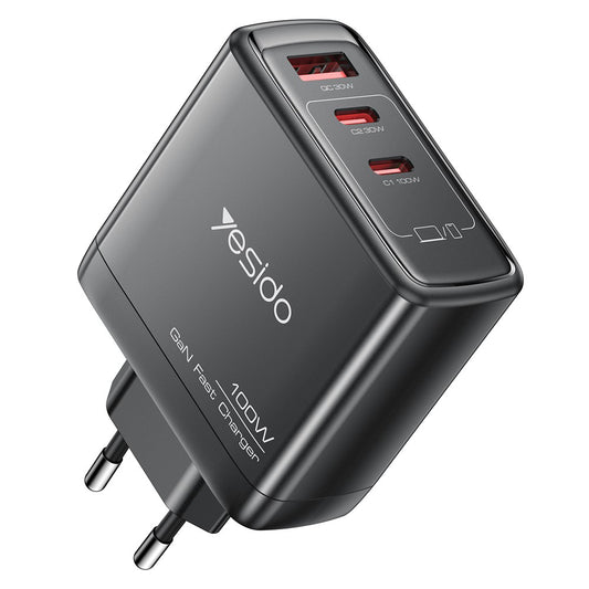 Ładowarka sieciowa Yesido YC142, 100W, 5A, 1 x USB-A - 2 x USB-C, Czarny
