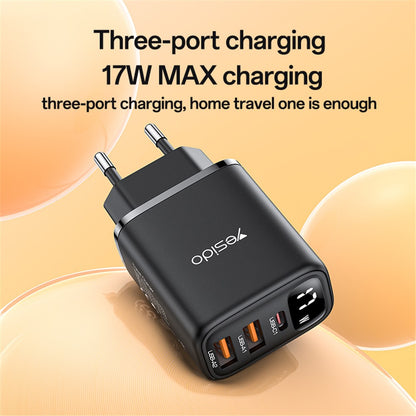 Ładowarka sieciowa Yesido YC67 Display, 17W, 2.4A, 2 x USB-A - 1 x USB-C, Czarny