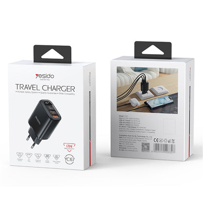 Ładowarka sieciowa Yesido YC67 Display, 17W, 2.4A, 2 x USB-A - 1 x USB-C, Czarny