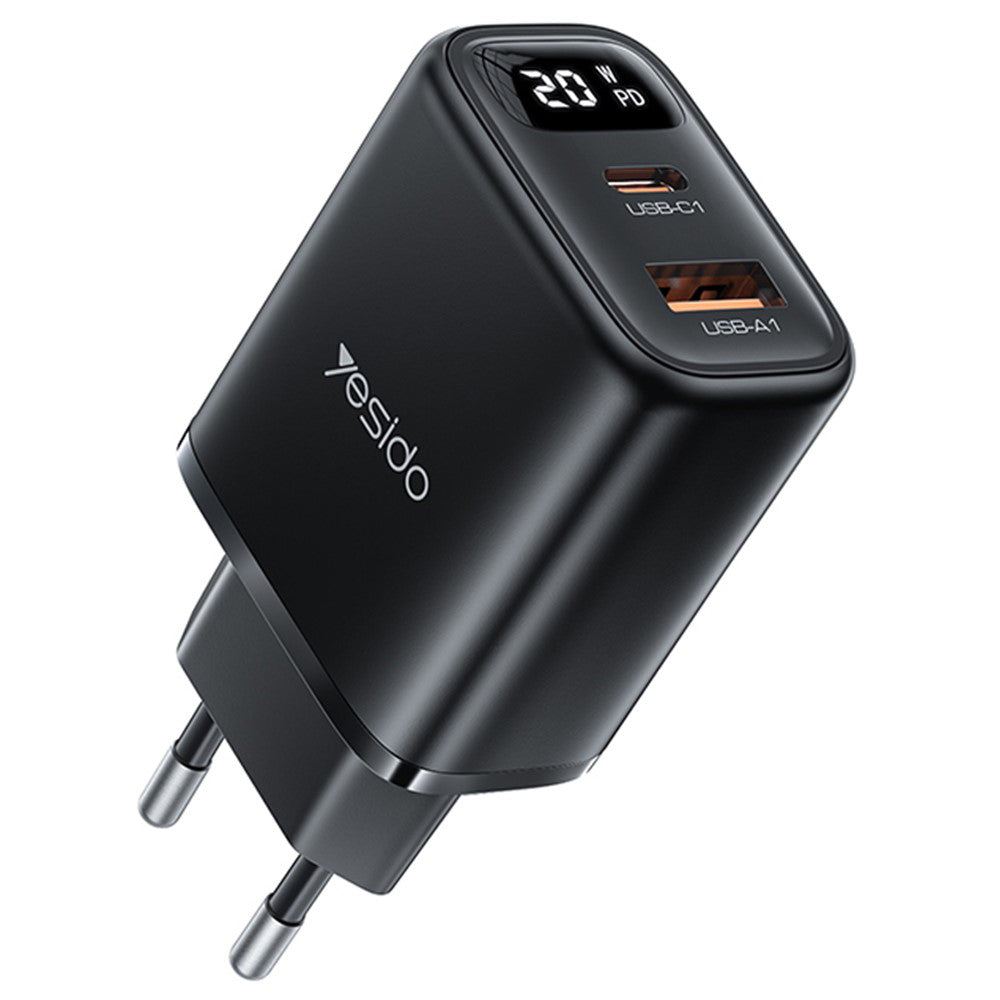 Ładowarka sieciowa Yesido YC68, wyświetlacz 20W, 3A, 1 x USB-A - 1 x USB-C, Czarny