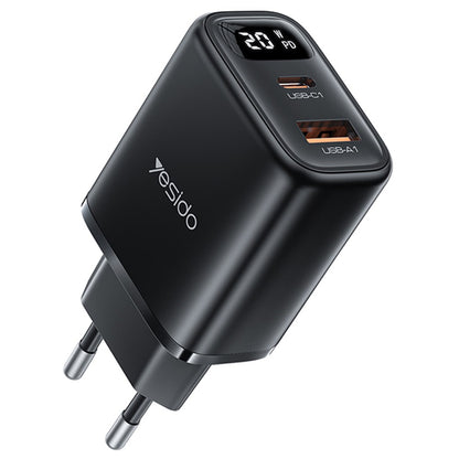 Ładowarka sieciowa Yesido YC68, wyświetlacz 20W, 3A, 1 x USB-A - 1 x USB-C, Czarny