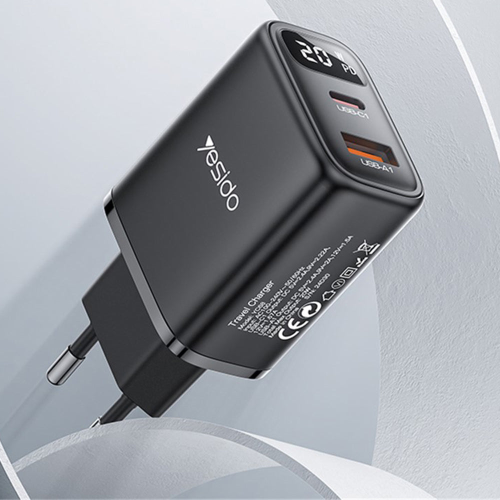 Ładowarka sieciowa Yesido YC68, wyświetlacz 20W, 3A, 1 x USB-A - 1 x USB-C, Czarny