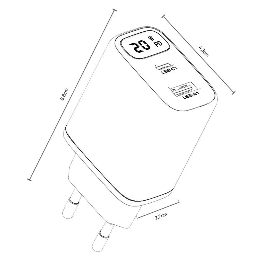 Ładowarka sieciowa Yesido YC68, wyświetlacz 20W, 3A, 1 x USB-A - 1 x USB-C, Czarny