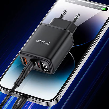 Ładowarka sieciowa Yesido YC69 Display, 30W, 3A, 1 x USB-A - 2 x USB-C, Czarny