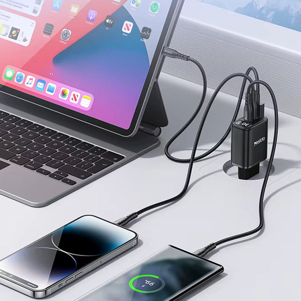 Ładowarka sieciowa Yesido YC69 Display, 30W, 3A, 1 x USB-A - 2 x USB-C, Czarny