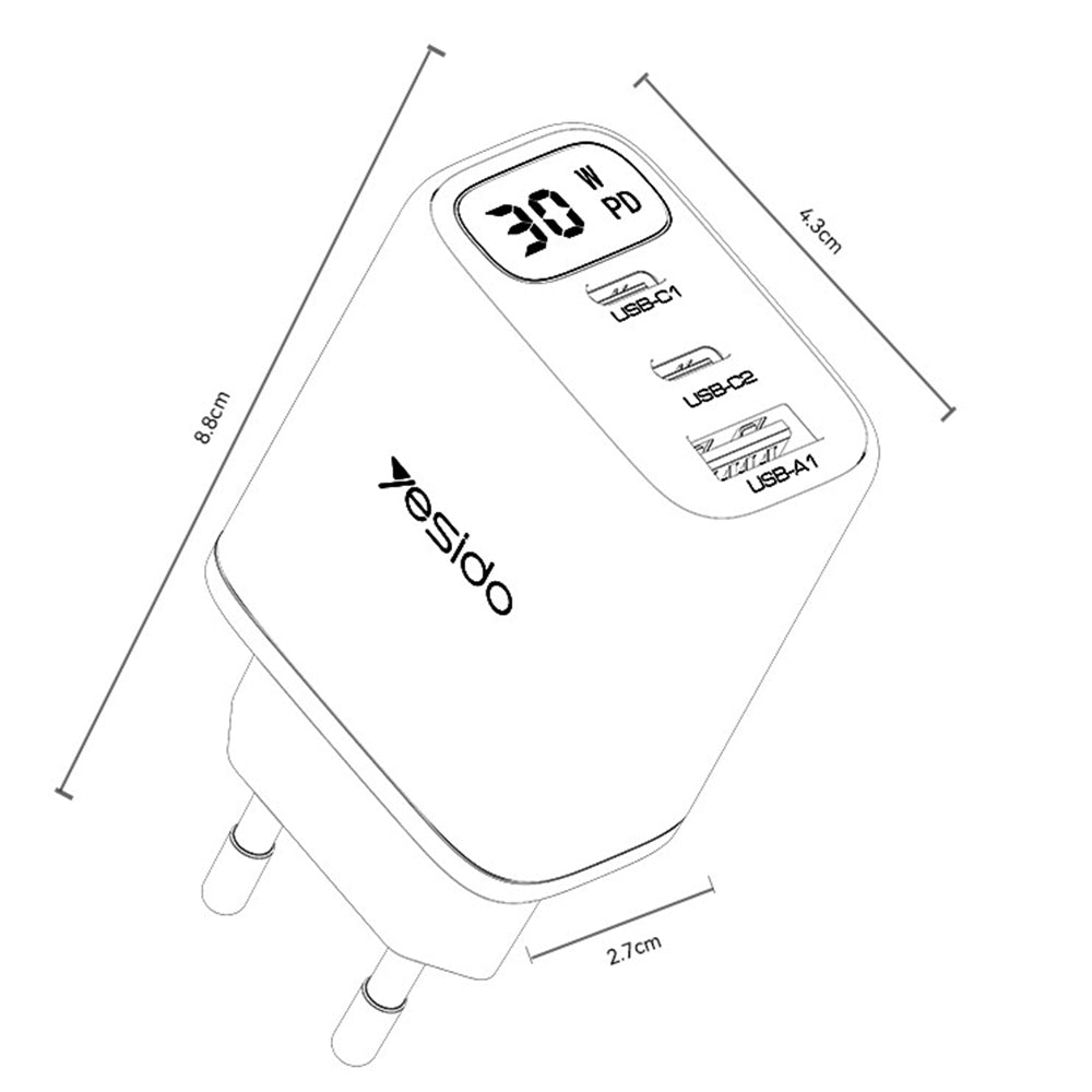 Ładowarka sieciowa Yesido YC69 Display, 30W, 3A, 1 x USB-A - 2 x USB-C, Czarny