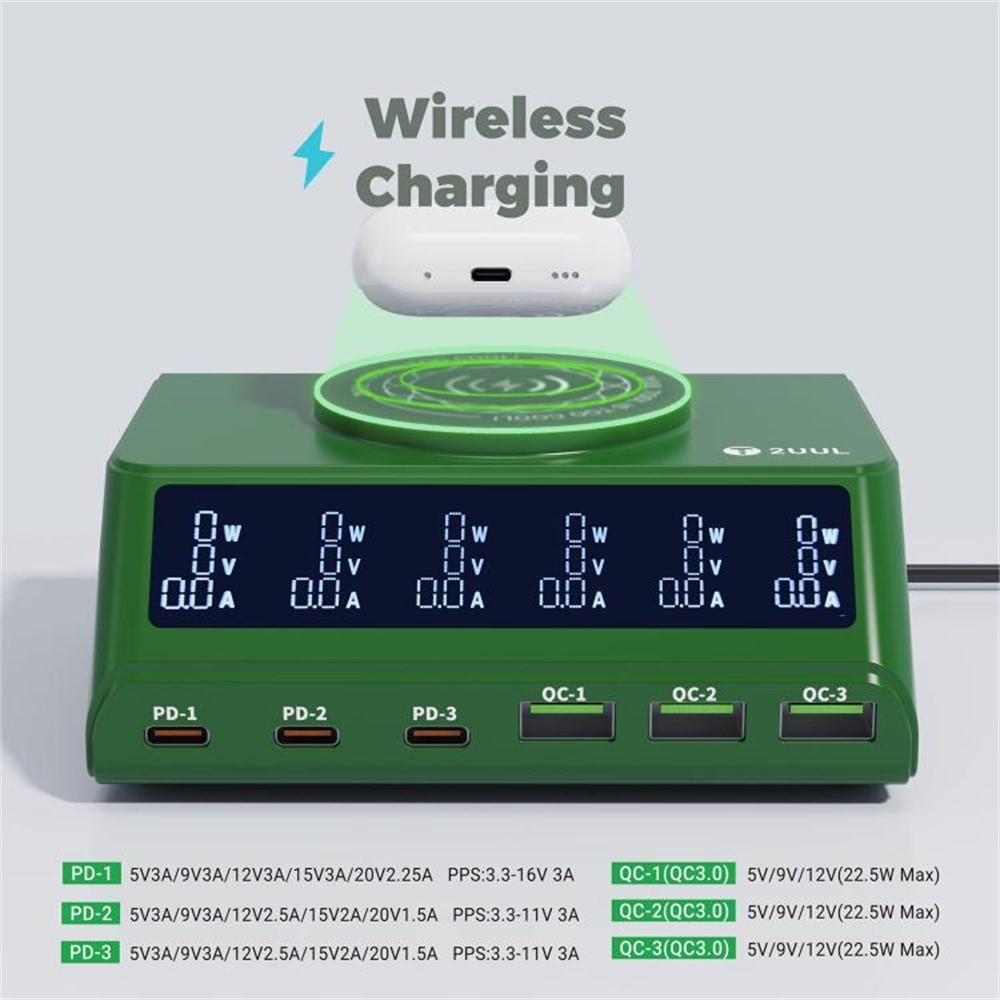 Ładowarka Stacja 2UUL PC11 QI, 110W, 3A, 3 x USB-A - 3 x USB-C, Zielony
