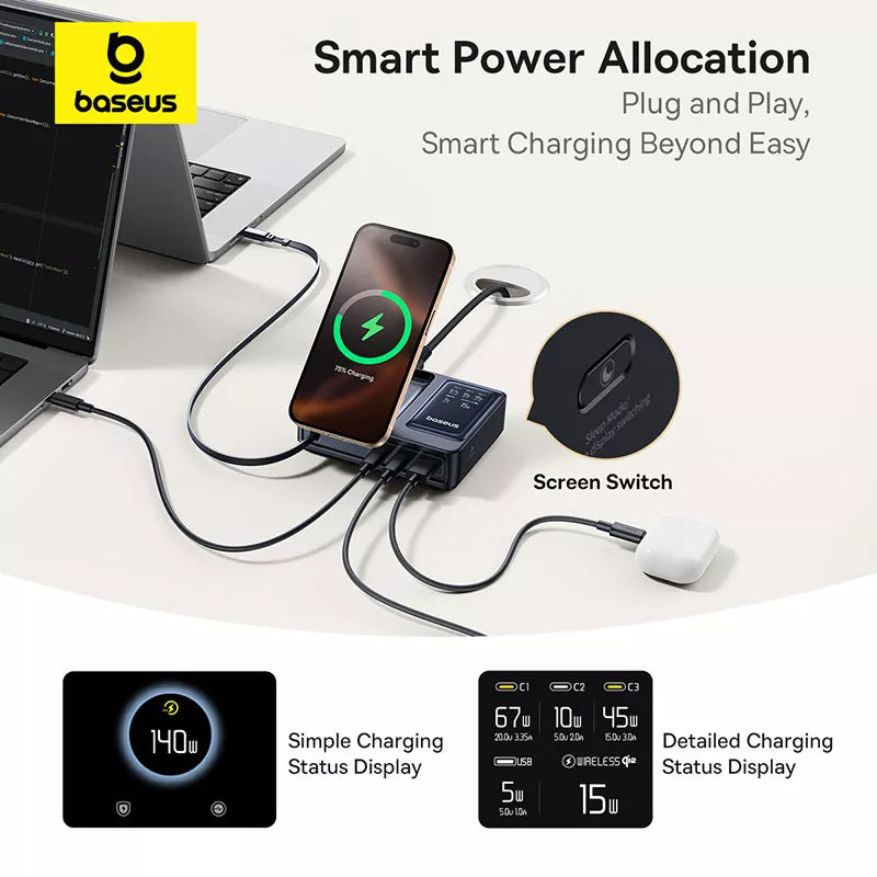 Incarcator Statie Baseus Nomos QI 5in1, 140W, 5A, 1 x USB-A - 2 x USB-C, Negru P10178800123-00