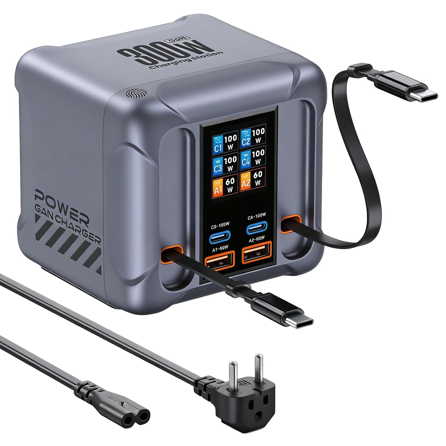 Charging Station with USB-C Cable OEM HW866, 300W, 5A, 2 x USB-A - 2 x USB-C, Gray