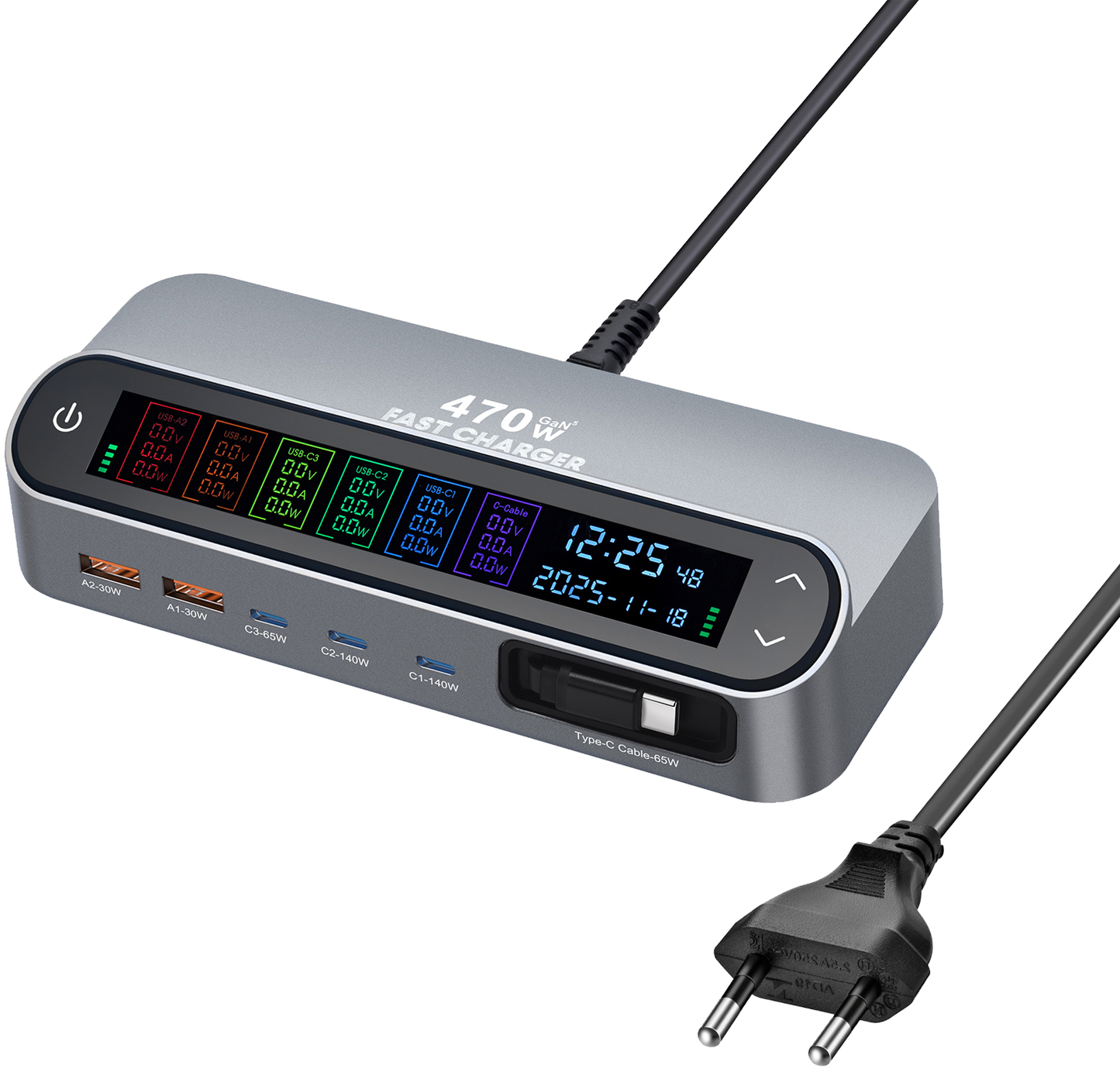 Stacja ładowania z kablem USB-C OEM LCD470W, 470W, 5A, 2 x USB-A - 3 x USB-C, Szary