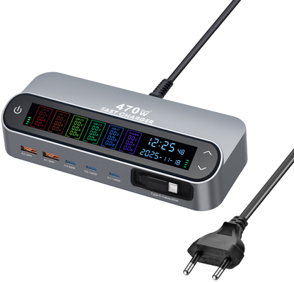 Stacja ładowania z kablem USB-C OEM LCD470W, 470W, 5A, 2 x USB-A - 3 x USB-C, Szary