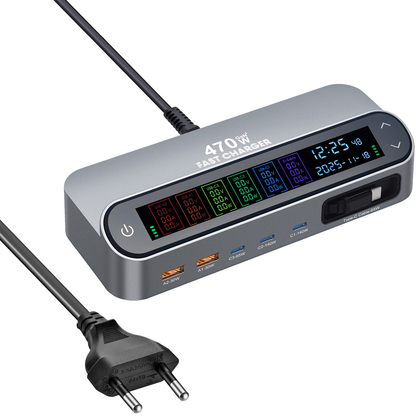 Stacja ładowania z kablem USB-C OEM LCD470W, 470W, 5A, 2 x USB-A - 3 x USB-C, Szary