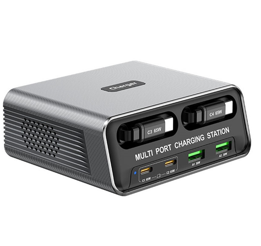 Stacja ładowania z kablem USB-C OEM WLX-60C, 130W, 2 x USB-A - 2 x USB-C, Szary