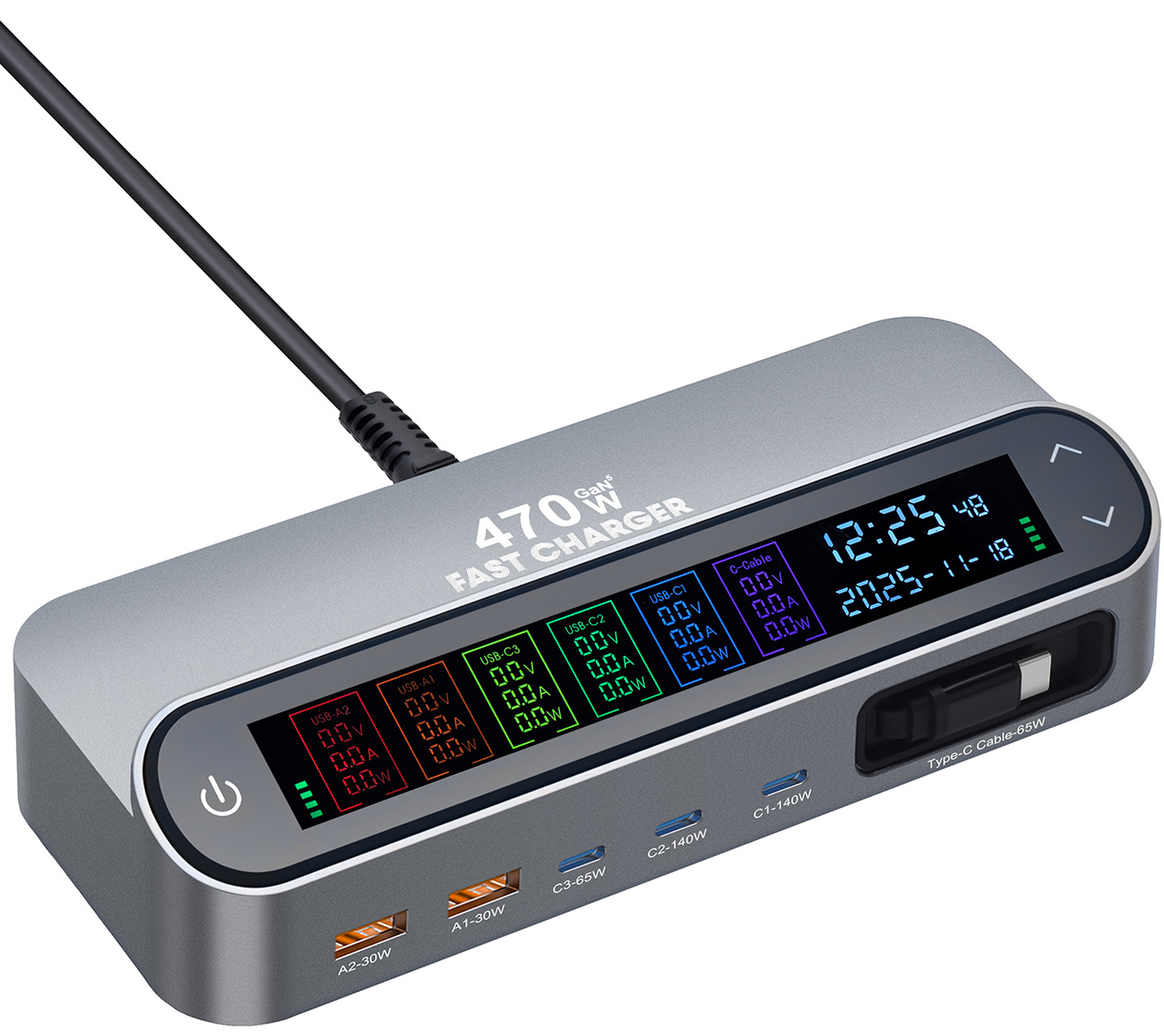 Stacja ładowania z kablem USB-C OEM LCD470W, 470W, 5A, 2 x USB-A - 3 x USB-C, Szary