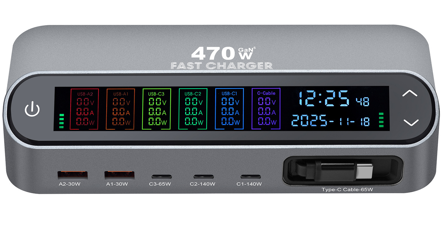 Stacja ładowania z kablem USB-C OEM LCD470W, 470W, 5A, 2 x USB-A - 3 x USB-C, Szary