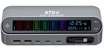 Stacja ładowania z kablem USB-C OEM LCD470W, 470W, 5A, 2 x USB-A - 3 x USB-C, Szary