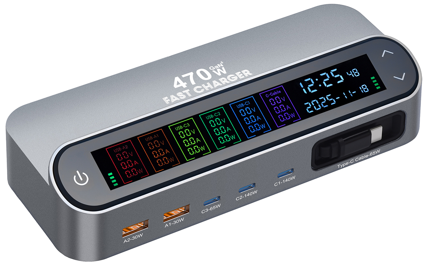 Stacja ładowania z kablem USB-C OEM LCD470W, 470W, 5A, 2 x USB-A - 3 x USB-C, Szary