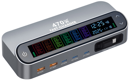Stacja ładowania z kablem USB-C OEM LCD470W, 470W, 5A, 2 x USB-A - 3 x USB-C, Szary