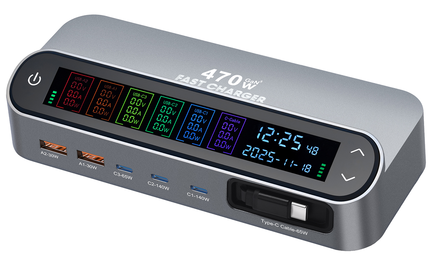 Stacja ładowania z kablem USB-C OEM LCD470W, 470W, 5A, 2 x USB-A - 3 x USB-C, Szary