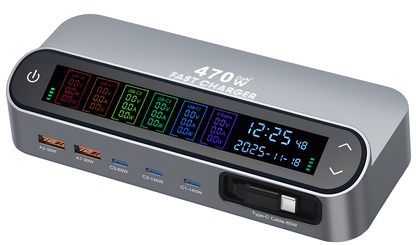 Stacja ładowania z kablem USB-C OEM LCD470W, 470W, 5A, 2 x USB-A - 3 x USB-C, Szary