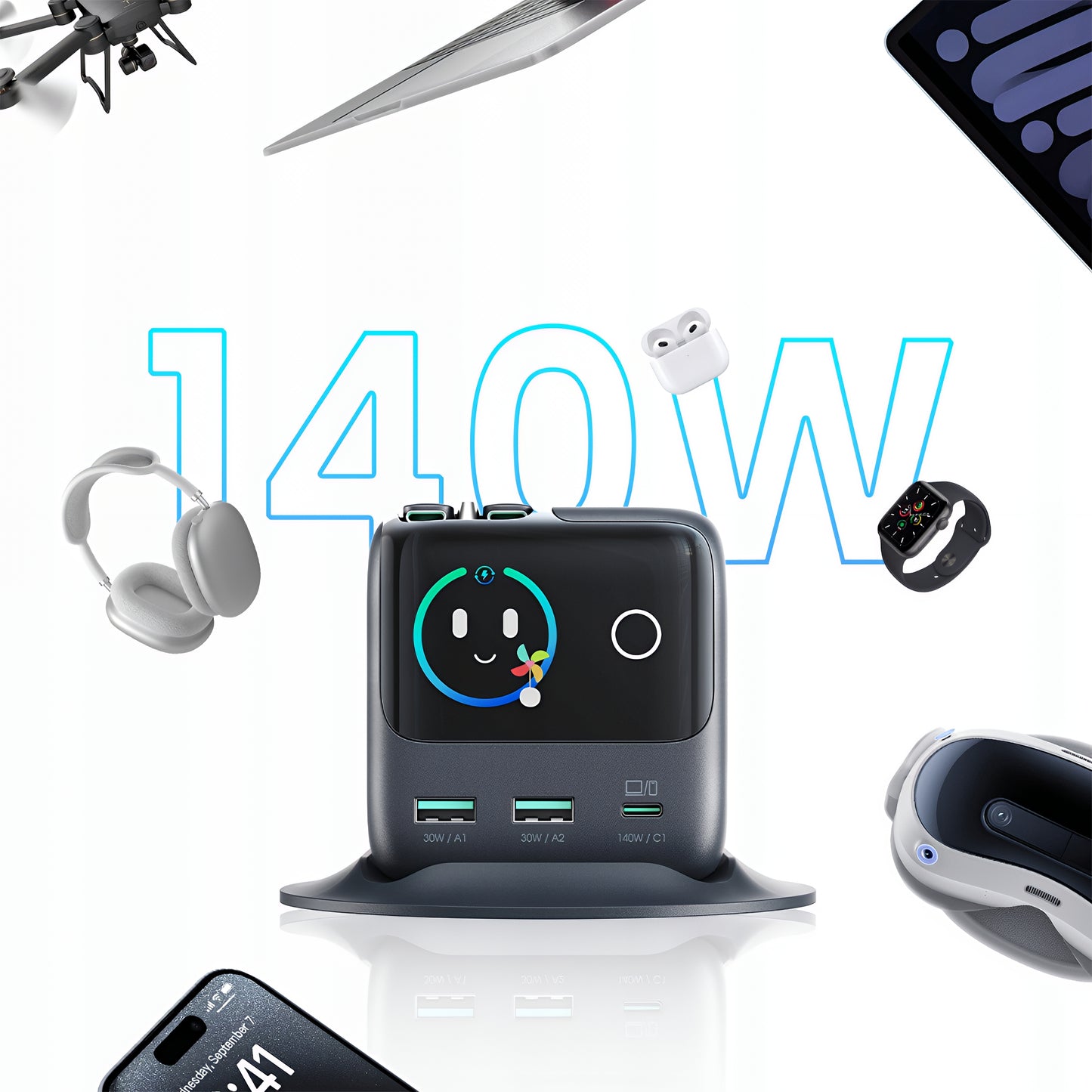 Ładowarka stacja z kablem USB-C Joyroom Podix JR-TRD01, 140W, 1 x USB-C - 2 x USB-A, Szara