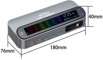 Stacja ładowania z kablem USB-C OEM LCD470W, 470W, 5A, 2 x USB-A - 3 x USB-C, Szary