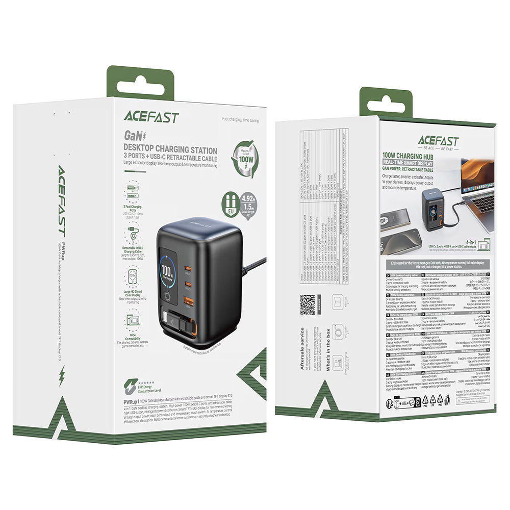 Stacja ładowania z kablem USB-C Acefast Z10, 100W, 1 x USB-A - 2 x USB-C, czarny