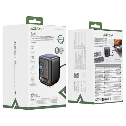 Stacja ładowania z kablem USB-C Acefast Z10, 100W, 1 x USB-A - 2 x USB-C, czarny