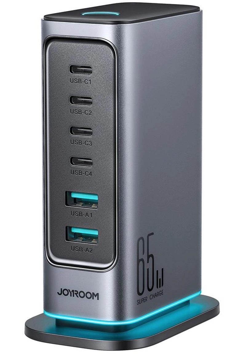 Ładowarka stacja Joyroom JR-TCM02 UK, 65W, 3.25A, 2 x USB-A - 4 x USB-C, Szary