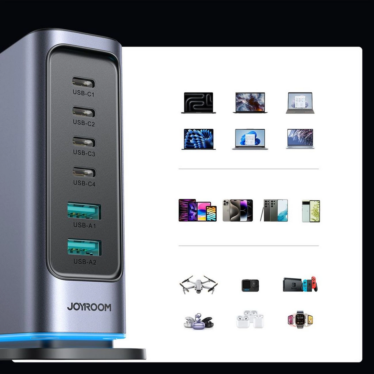 Ładowarka stacja Joyroom JR-TCM02 UK, 65W, 3.25A, 2 x USB-A - 4 x USB-C, Szary