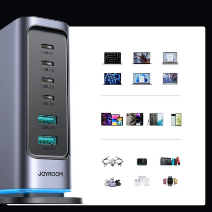 Ładowarka stacja Joyroom JR-TCM02 UK, 65W, 3.25A, 2 x USB-A - 4 x USB-C, Szary
