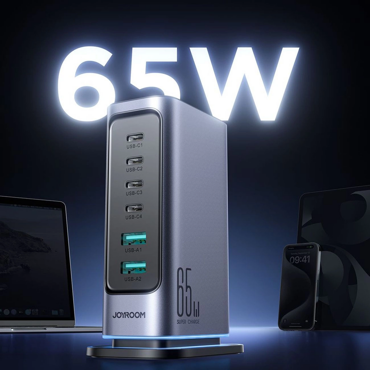 Ładowarka stacja Joyroom JR-TCM02 UK, 65W, 3.25A, 2 x USB-A - 4 x USB-C, Szary