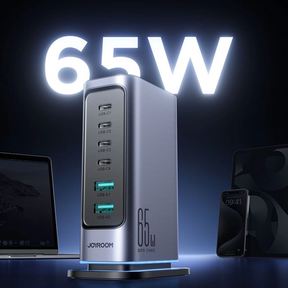 Ładowarka stacja Joyroom JR-TCM02 UK, 65W, 3.25A, 2 x USB-A - 4 x USB-C, Szary
