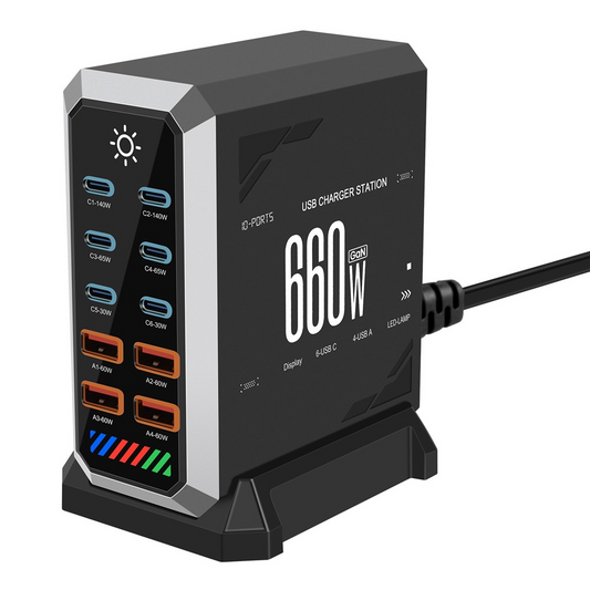 Ładowarka Stacja OEM HW18, 660W, 5A, 4 x USB-A - 6 x USB-C, Czarny