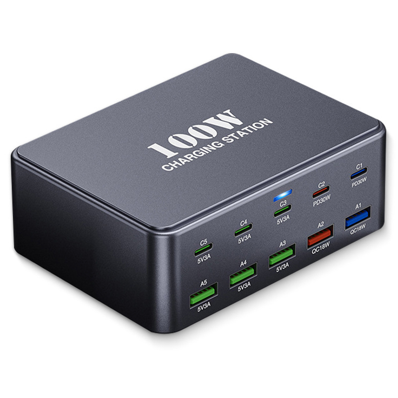 Ładowarka Stacja OEM HW33, 100W, 3A, 5 x USB-A - 5 x USB-C, Szara