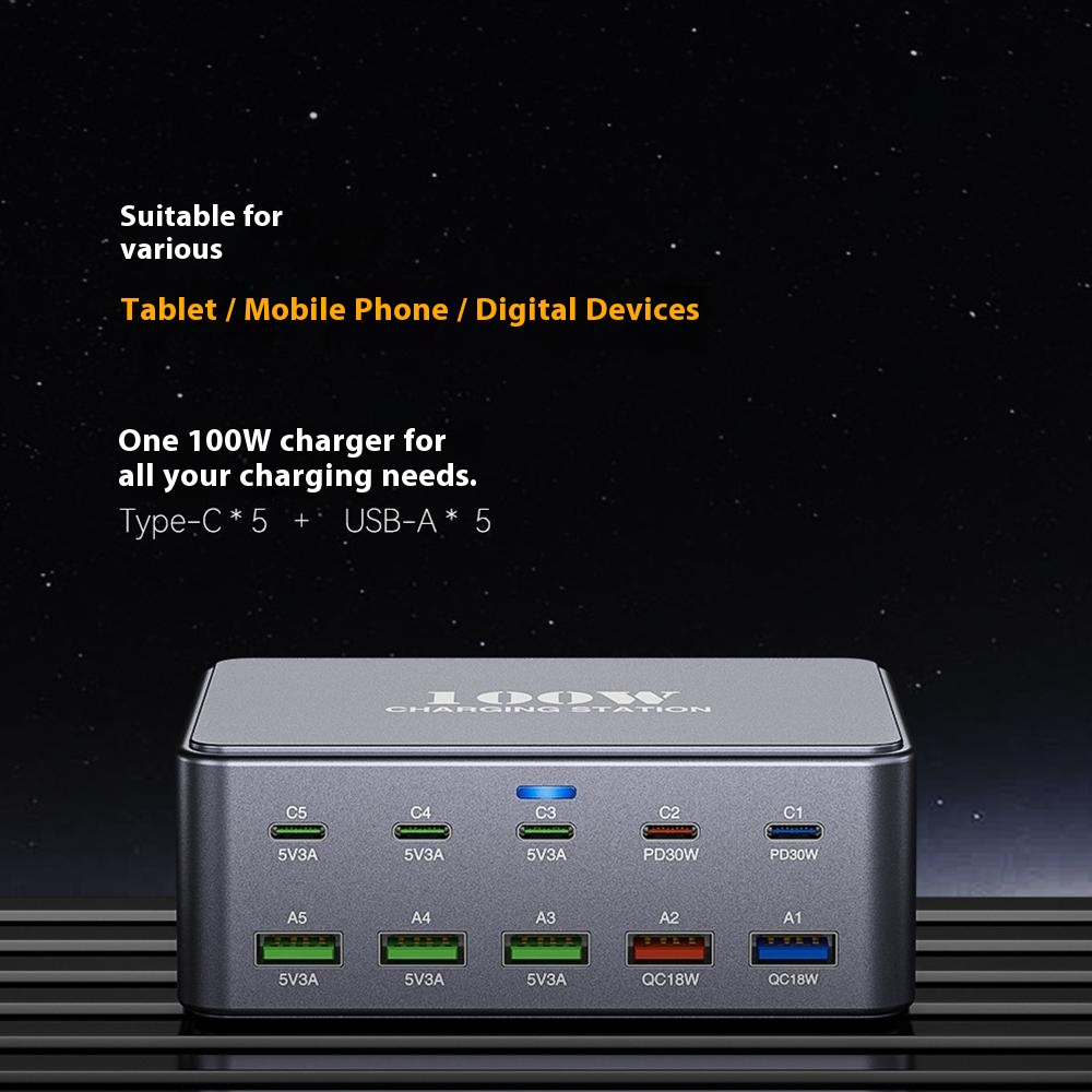 Ładowarka Stacja OEM HW33, 100W, 3A, 5 x USB-A - 5 x USB-C, Szara