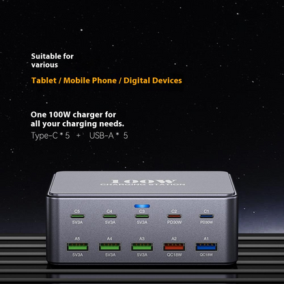 Ładowarka Stacja OEM HW33, 100W, 3A, 5 x USB-A - 5 x USB-C, Szara